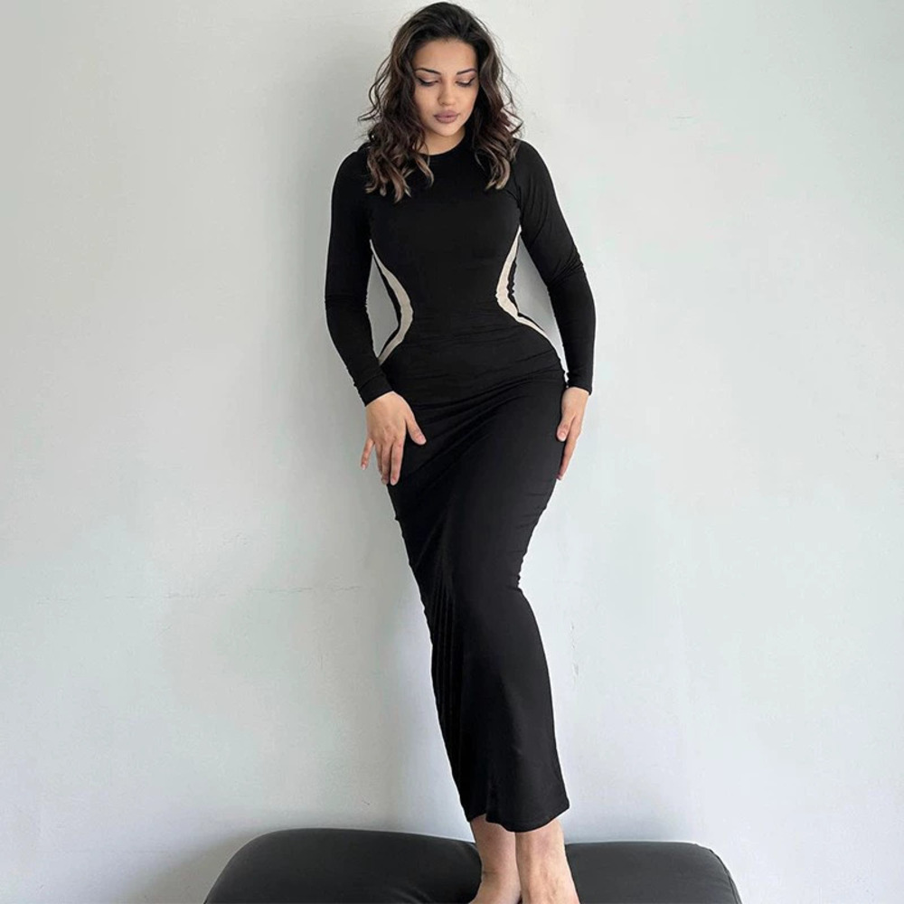 ZARA Womens Sexy Solid Color Slim Fit Long Sleeve Crew Neck Club Dress Spring